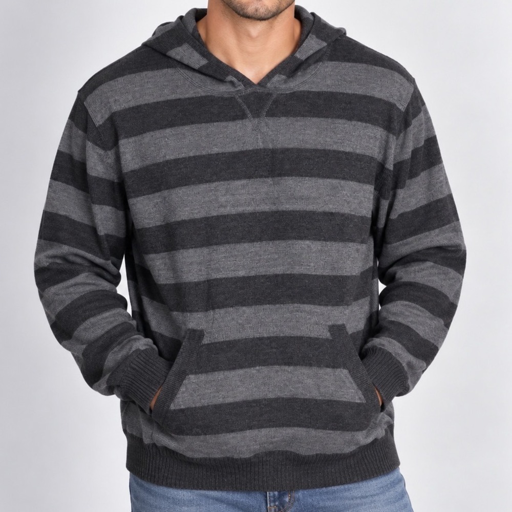 Paper Denim & Cloth Mens XL Striped Knit Hoodie Gray Pullover Kangaroo Pocket